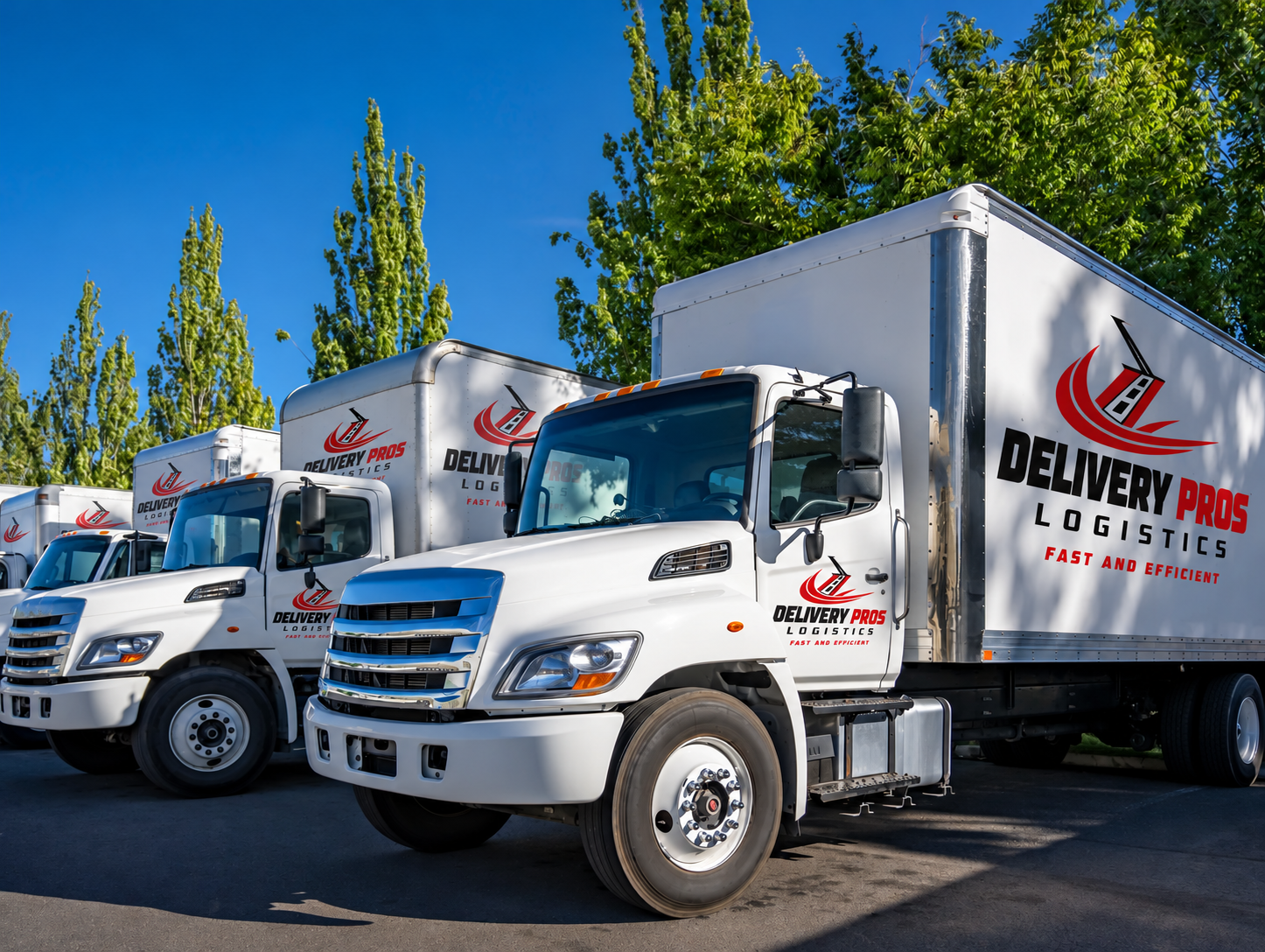 Box trucks with Delivery Pros Logistics logos on their doors and cargo boxes